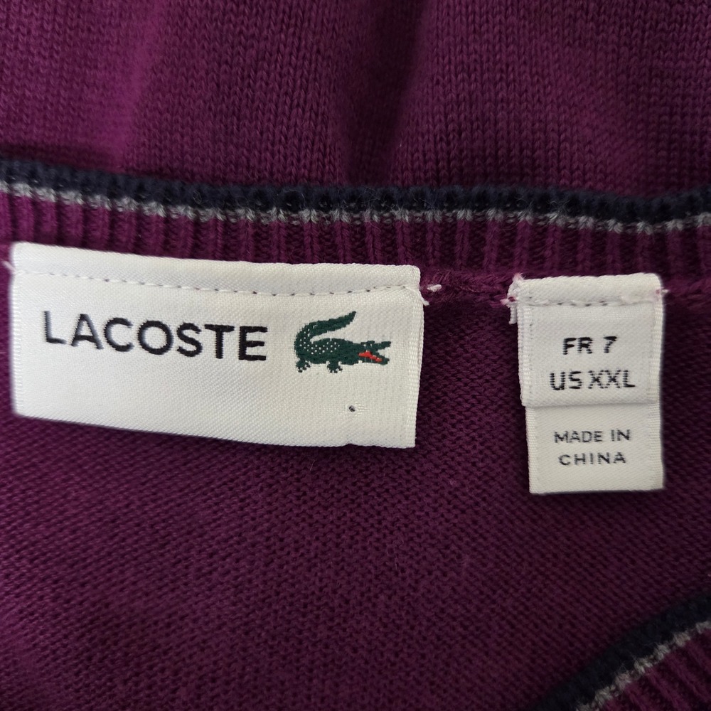 Lacoste Mens V-Neck Sweater Purple 100% Cotton Knit Logo Pullover XXL - Picture 5 of 6